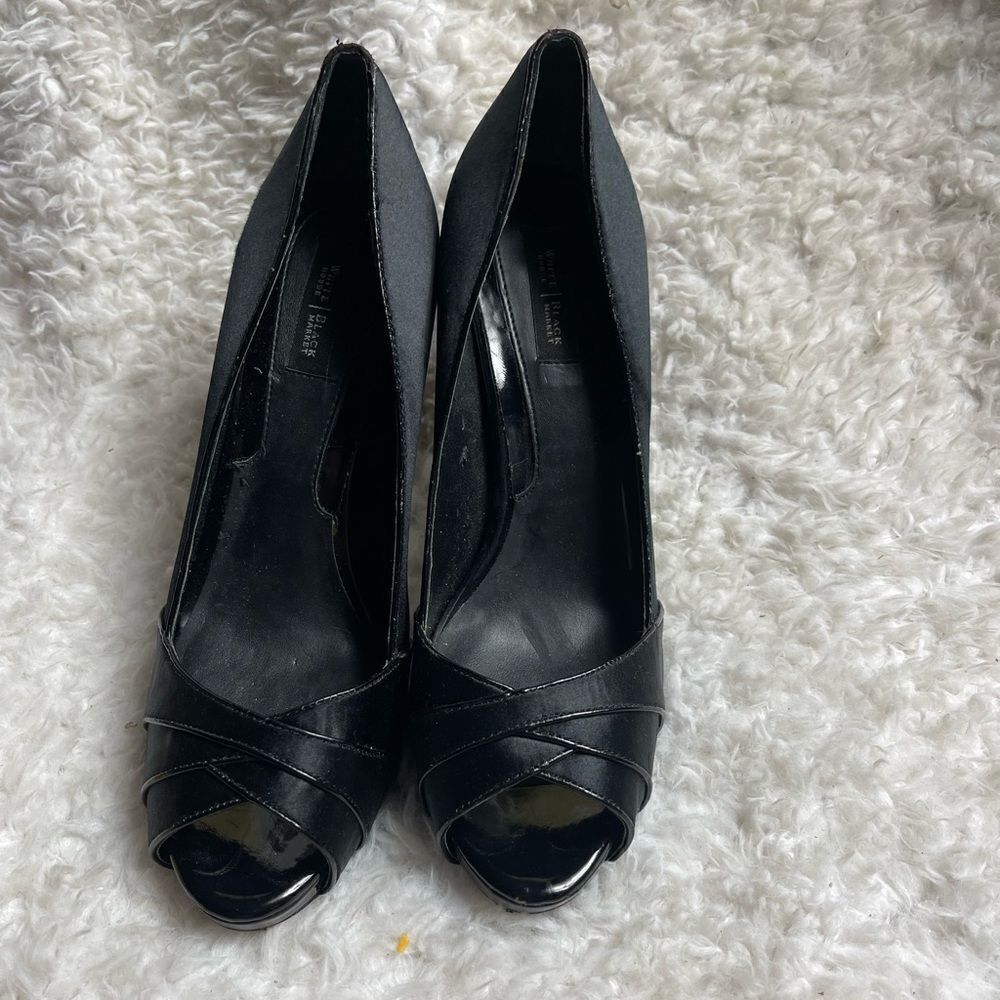 WHBM Black Satin  slip on heels pleated front peep toe faux leather trim SZ9M